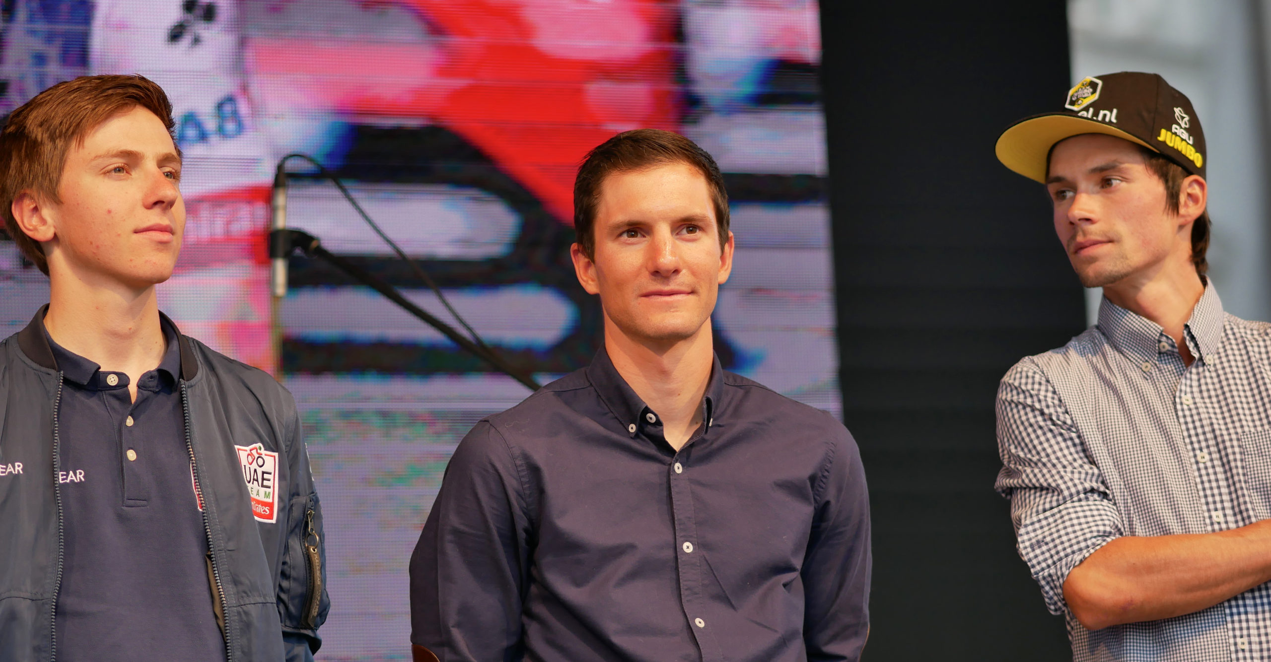 Tadej Pogačar (uae Team Emirates), Jan Polanc (uae Team Emirates) And Primož Roglič (team Jumbo Visma) Welcoming Ceremony After 2019 Giro D'italia